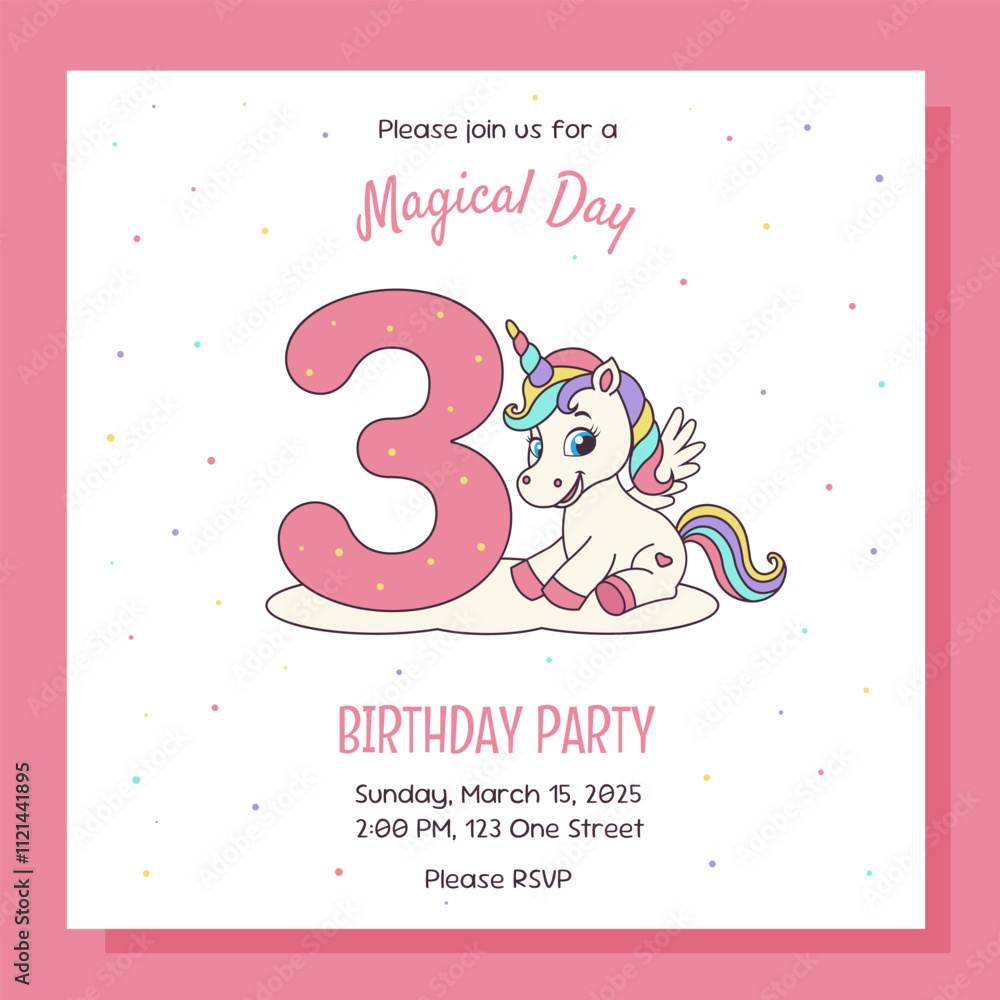 Unicorn invitation. Birthday party invitation card with unicorn and birthday anniversary number. Unicorn invitation. Birthday party invitation card with unicorn and birthday anniversary number.