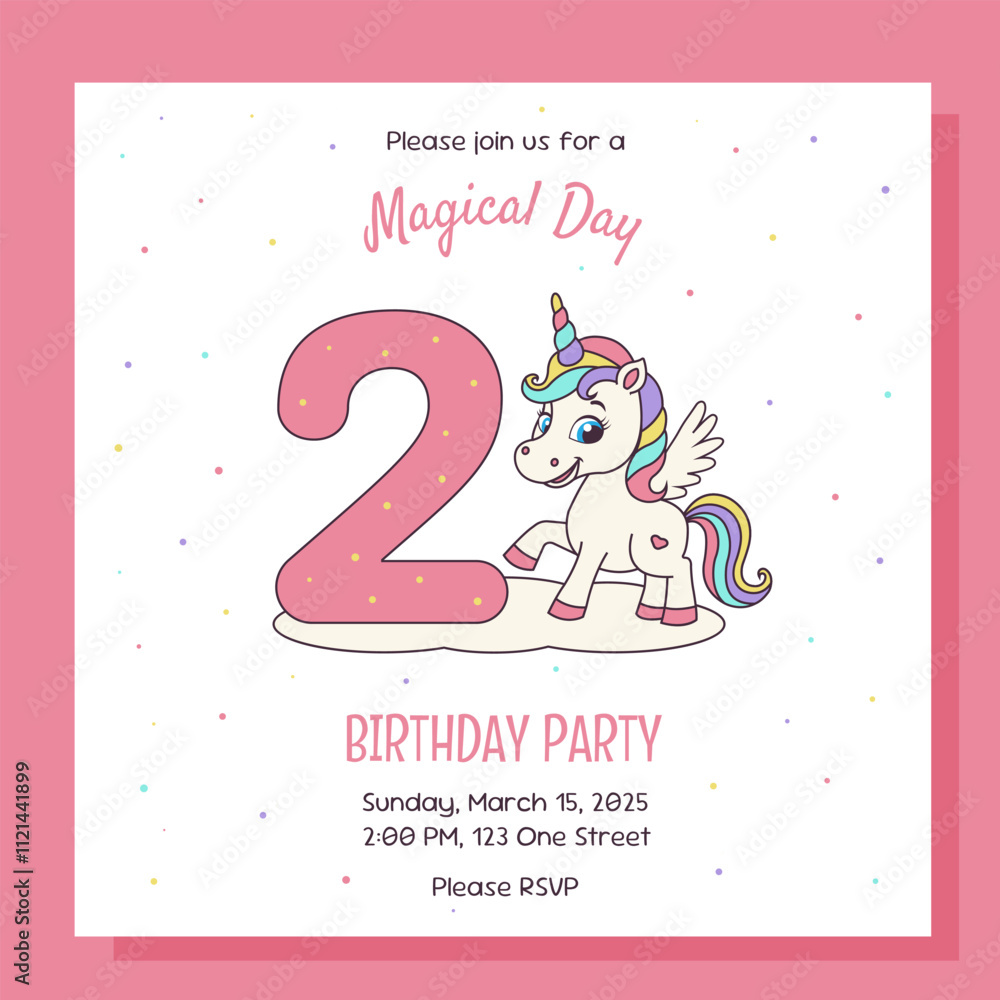 Unicorn invitation. Birthday party invitation card with unicorn and birthday anniversary number. Unicorn invitation. Birthday party invitation card with unicorn and birthday anniversary number.