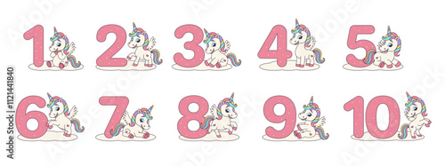 Unicorn set. Set of numbers with unicorns. Set for birthday, invitations, greeting cards, stickers.