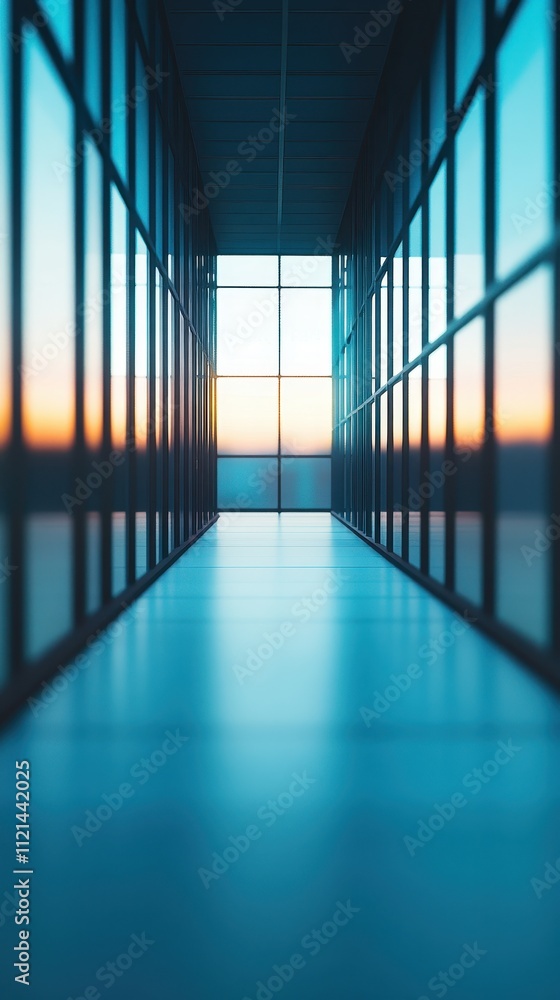 Sunset Reflection in a Long Corridor with Floor-to-Ceiling Windows Sunset Reflection in a Long Corridor with Floor-to-Ceiling Windows