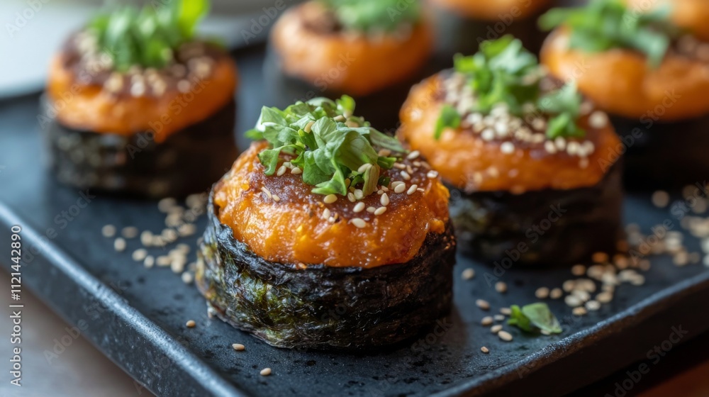 Savory Sushi Bites with Tasty Toppings and Fresh Ingredients Savory Sushi Bites with Tasty Toppings and Fresh Ingredients