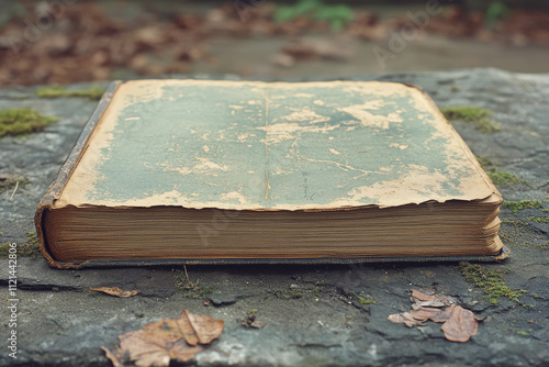 Aged book resting on a mossy stone, its weathered cover hinting at forgotten tales.  The muted tones evoke a sense of history and tranquility. photo