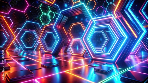 Vibrant Neon Hexagons Background with Long Exposure Effects for Futuristic Design and Technology Concepts