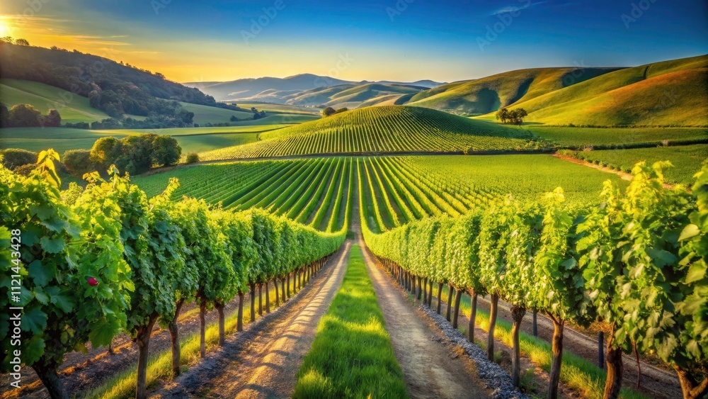 Naklejka premium Vineyard Rows Overlooking a Lush Grape Field in a Summer Valley - Macro Photography of Wine Farm Landscape, Nature's Bounty, and Agricultural Beauty