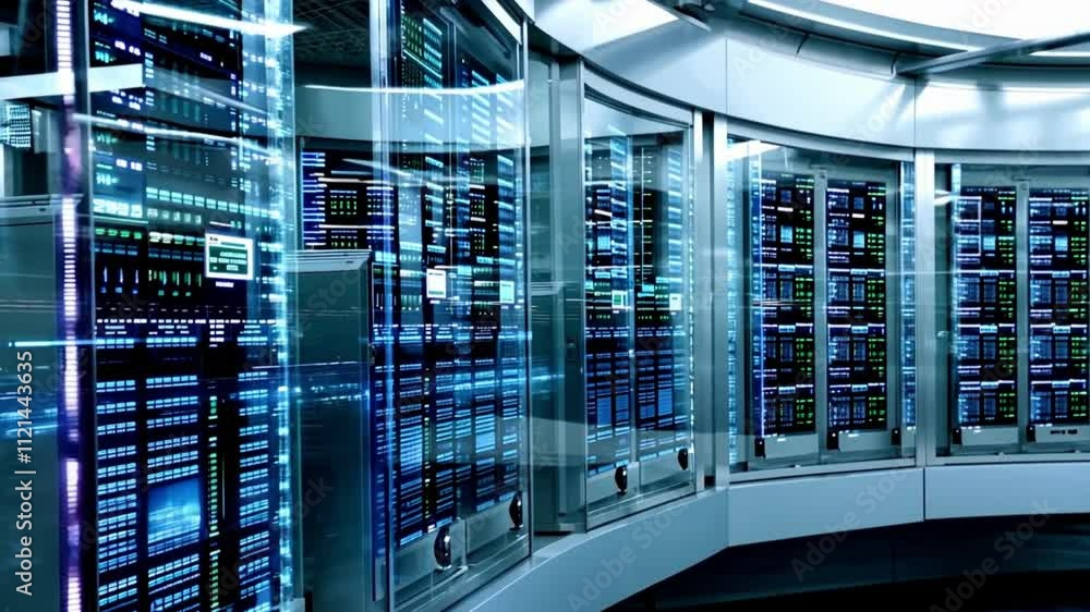 Digital information flowing through a network, with data servers behind glass in a high-tech data center, showcasing infrastructure. Digital information flowing through a network, with data servers behind glass in a high-tech data center, showcasing infrastructure.