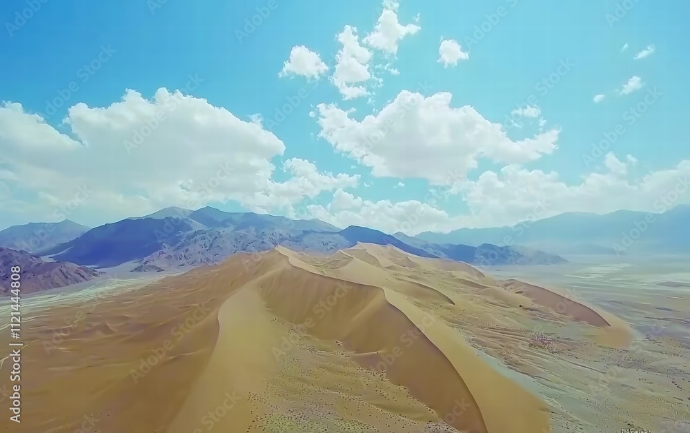 Naklejka premium Vast Desert Landscape Under Bright Blue Sky with Fluffy Clouds