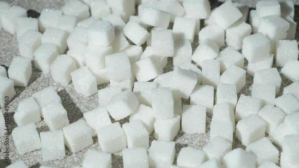 Scatter of white beet refined sugar cubes, slow motion Scatter of white beet refined sugar cubes, slow motion