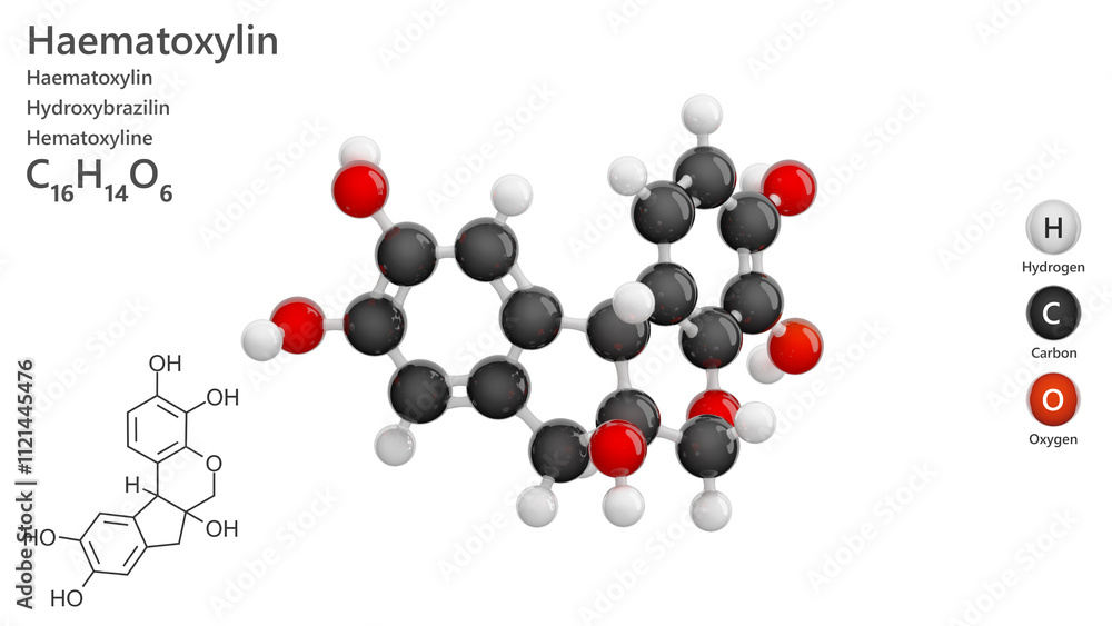 Molecule: Haematoxylin. Natural dye. Molecular structure. Formula: C16H14O6. Chemical model: Ball and stick. White background. 3D illustration. Molecule: Haematoxylin. Natural dye. Molecular structure. Formula: C16H14O6. Chemical model: Ball and stick. White background. 3D illustration.