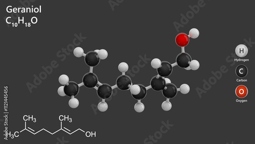 Molecule: Geraniol. Flavoring agent. Molecular structure. Formula: C10H18O. Chemical model: Ball and stick. Gray background. 3D illustration. photo