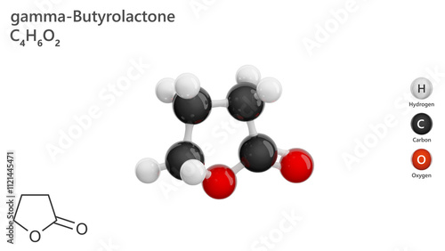 Molecule: Gamma-Butyrolactone. Solvent. Molecular structure. Formula: C4H6O2. Chemical model: Ball and stick. White background. 3D illustration. photo