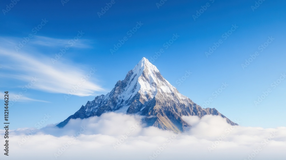 Majestic snow-capped mountain rising above the clouds under a blue sky. Majestic snow-capped mountain rising above the clouds under a blue sky.