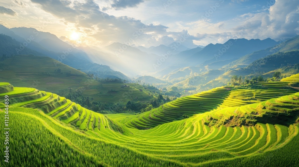 Fototapeta premium Breathtaking Sunrise Over Lush Green Rice Terraces in Vietnam's Mountains