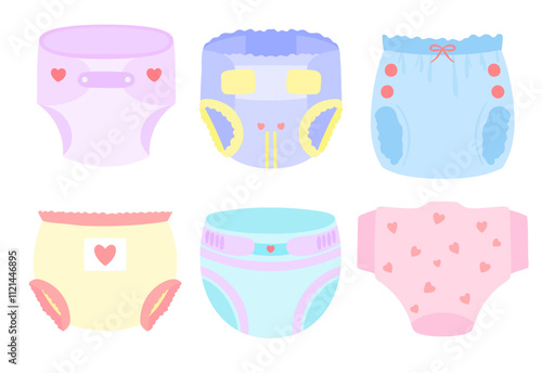 Baby diapers set of vector illustrations. Diapers types, diaper changing, infant hygiene clip art