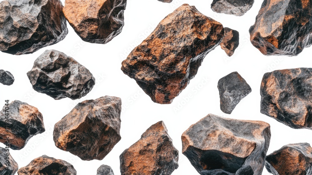 Realistic cluster of meteorite rocks suspended on a white background, highlighting intricate details and textures Realistic cluster of meteorite rocks suspended on a white background, highlighting intricate details and textures