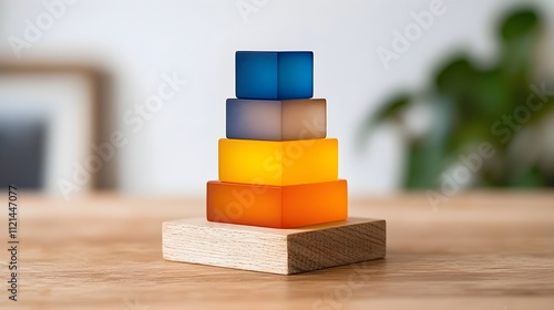 Colorful stacking blocks on a wooden base photo