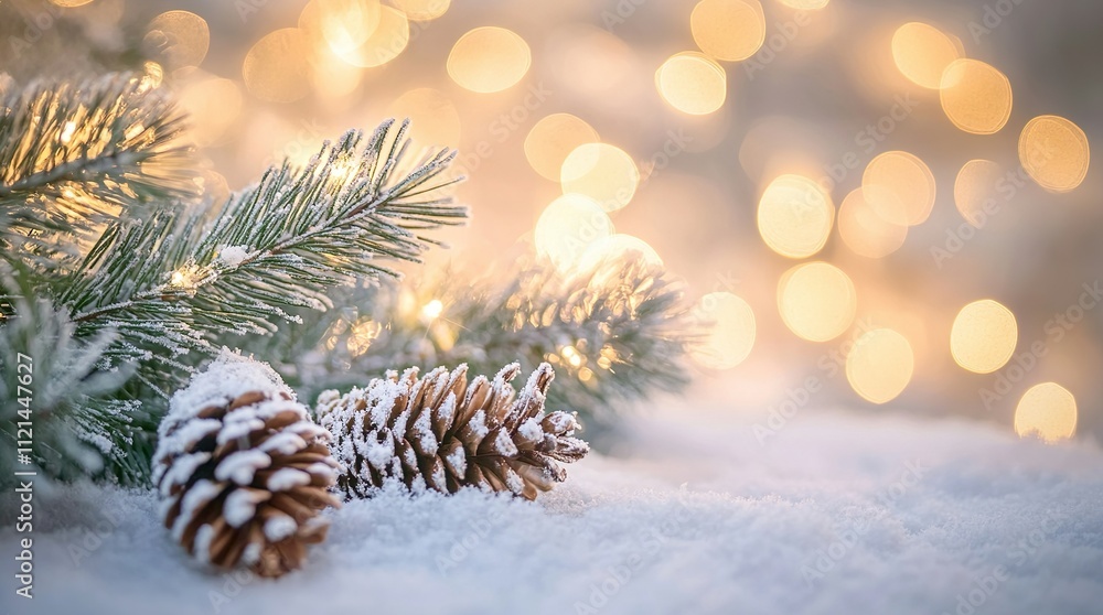Frosted Pinecones and Evergreen Branches with Winter Lights. Perfect for holiday themes and seasonal designs. Frosted Pinecones and Evergreen Branches with Winter Lights. Perfect for holiday themes and seasonal designs.