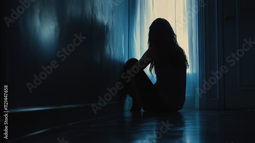 A woman sits in a dark room with light hitting the wall. She is sad and looking down. photo