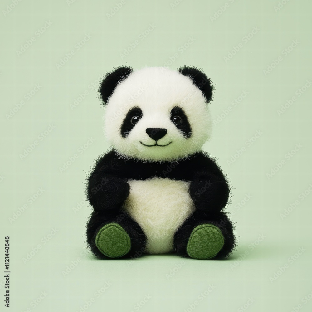 Cute Adorable Panda Plush Toy on Soft Green Background Cute Adorable Panda Plush Toy on Soft Green Background