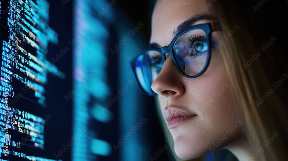 Young woman with eyeglasses focuses intently on computer screen at night Young woman with eyeglasses focuses intently on computer screen at night