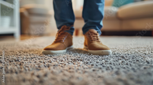 A person is standing in a room with a brown shoe on photo