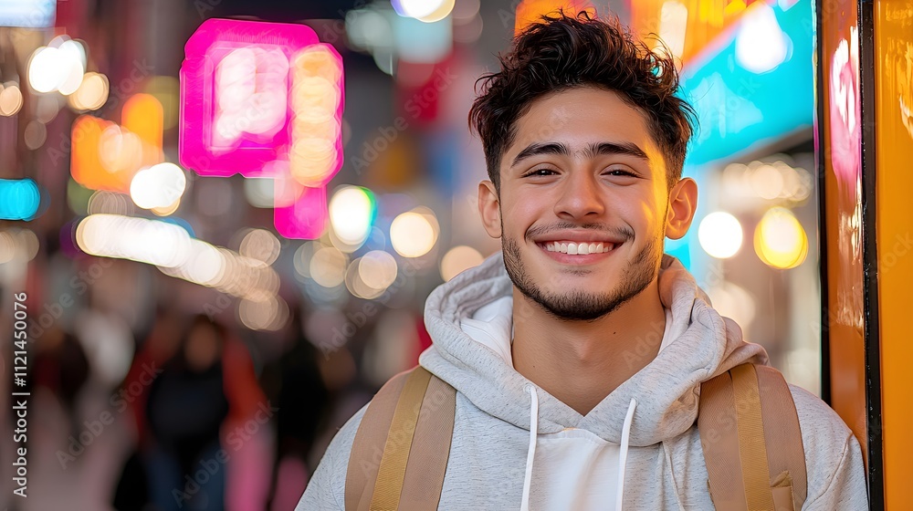 Young man smiling in a vibrant city at night Young man smiling in a vibrant city at night