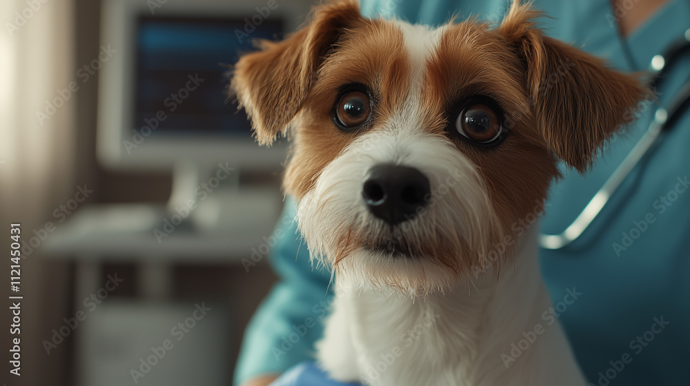 Cute dog looking to the camera while being held by veterinarian at the vet clinic, jack russell terrier at the vet clinic, pet health, pet treatment, dog health