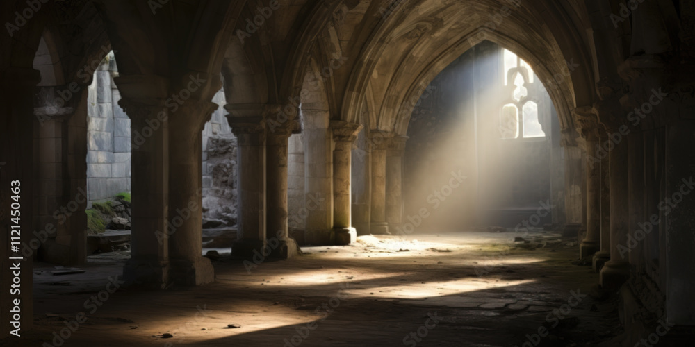 An old stone gothic walkway lined with arches An old stone gothic walkway lined with arches