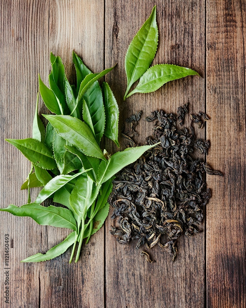 Fresh and dry tea leaves on wooden table Fresh and dry tea leaves on wooden table