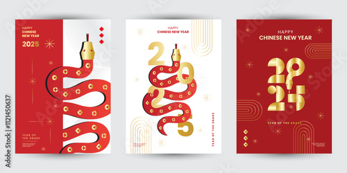 Set of 2025 Chinese new year modern art poster, year of the snake for cover, greeting card, banner template design with modern geometric style snakes on colourful, red background. Chinese zodiac