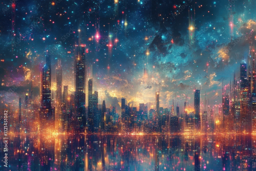 A Futuristic Cityscape Reflected in a Still Body of Water Under a Starry Night Sky A Futuristic Cityscape Reflected in a Still Body of Water Under a Starry Night Sky