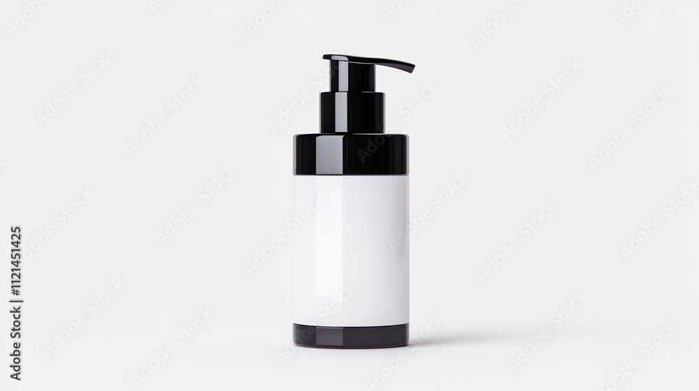 A sleek black and white pump bottle for cosmetic or skincare use. A sleek black and white pump bottle for cosmetic or skincare use.