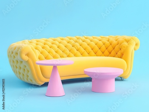 Yellow tufted sofa with pink side tables on a light blue background. photo