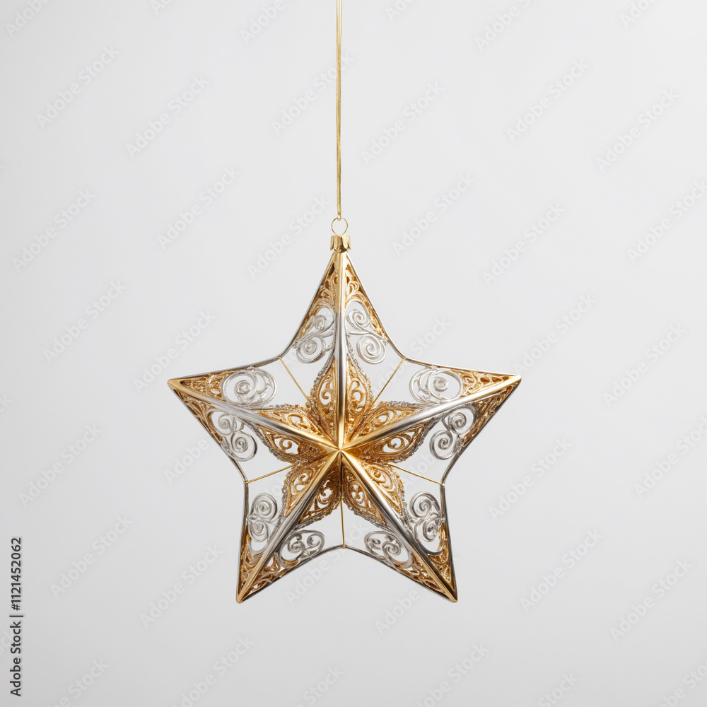 Fototapeta premium Single Gold and Silver Christmas Star Ornament on White Background