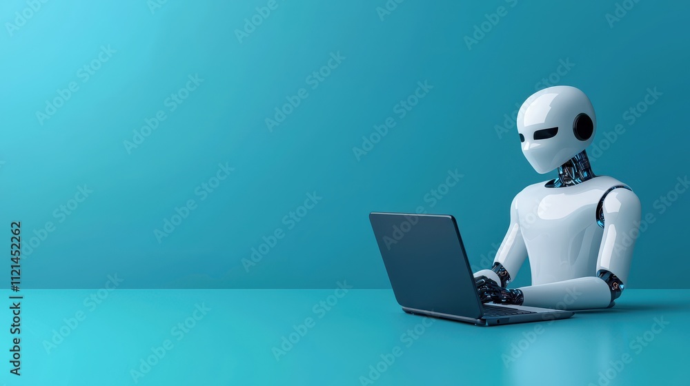 Robotic assistant typing on laptop in a modern workspace Robotic assistant typing on laptop in a modern workspace