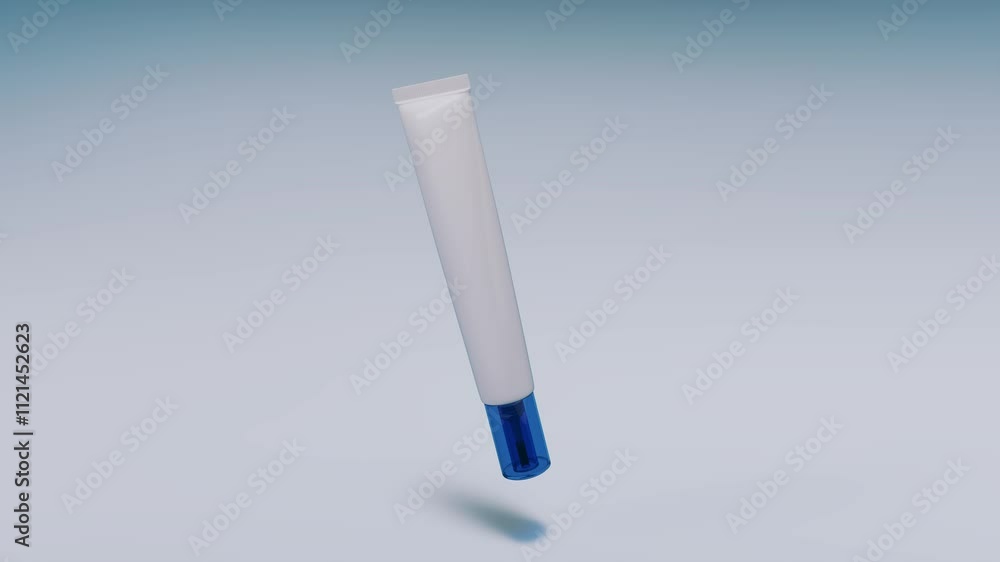 Cosmetic white plastic tube with a long nose and blue cap on isolated background. Skincare and cleansing cosmetics. Face or eye cream, packaging mock up. 3d rendering. Seamless loop. Cosmetic white plastic tube with a long nose and blue cap on isolated background. Skincare and cleansing cosmetics. Face or eye cream, packaging mock up. 3d rendering. Seamless loop.