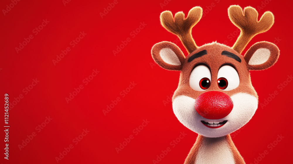 Adorable reindeer wearing Santa hat with surprised expression, red background with falling snowflakes, perfect festive holiday charm