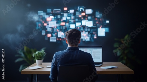 Young professional analyzing data visualization on computer screen in modern workspace with plant and digital interface projecting various information panels