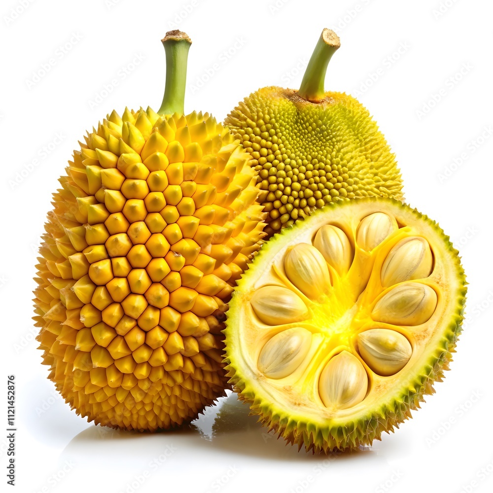 Jackfruit section isolated on white background, showcasing vibrant yellow pods, perfect for illustrating tropical fruit concepts, nutrition, exotic foods, and healthy eating Jackfruit section isolated on white background, showcasing vibrant yellow pods, perfect for illustrating tropical fruit concepts, nutrition, exotic foods, and healthy eating