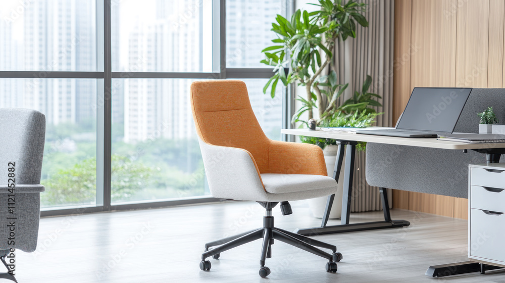 Fototapeta premium Colorful office chair with back and armrests, business concept and power