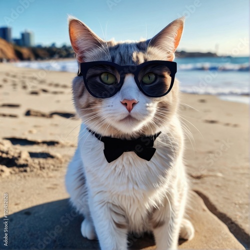 Cool Cat on the Beach: A Feline Fashion Icon in Sunglasses and Bow Tie photo