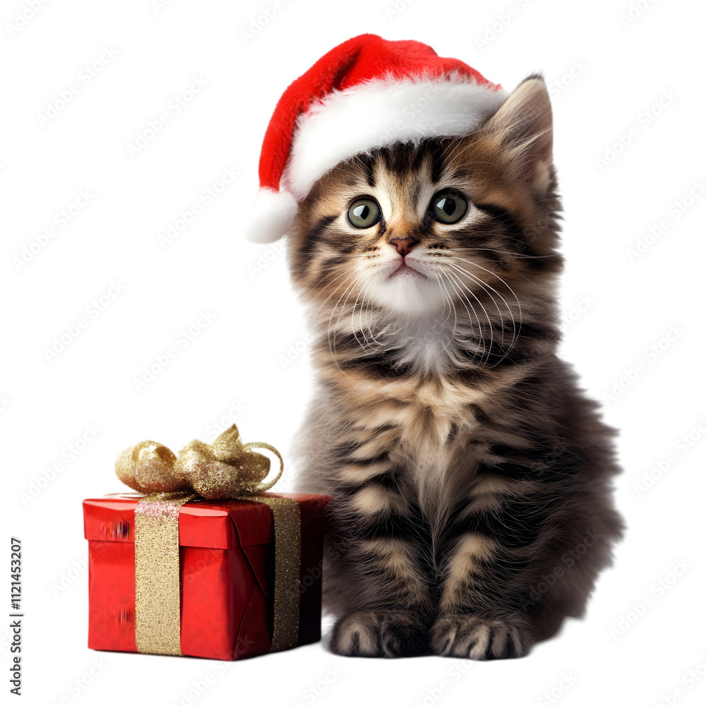A fluffy kitten wearing a tiny Santa hat and sitting next to a gift box, isolated on transparent background A fluffy kitten wearing a tiny Santa hat and sitting next to a gift box, isolated on transparent background