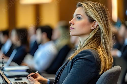 A businesswoman in formalwear giving a presentation at a hotel conference room. The audience is seated attentively with notebooks and laptops. The setting is modern and p photo