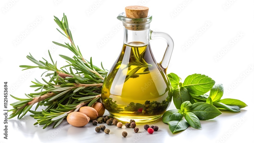 A bottle of olive oil with herbs, isolated on a white background, showcasing a flavorful and aromatic ingredient perfect for cooking, dressing, and enhancing dishes A bottle of olive oil with herbs, isolated on a white background, showcasing a flavorful and aromatic ingredient perfect for cooking, dressing, and enhancing dishes