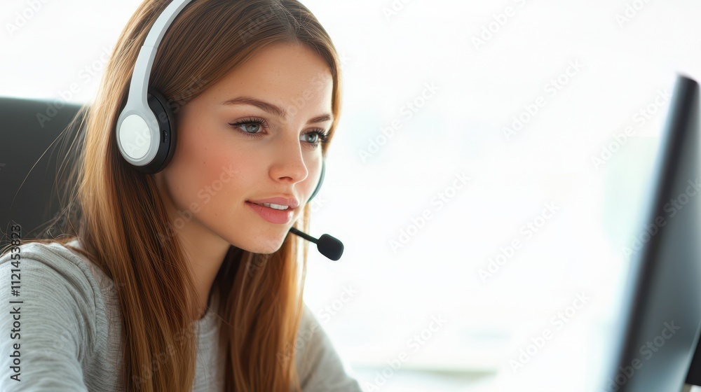 Young woman assisting customers in a call center during office hours Young woman assisting customers in a call center during office hours