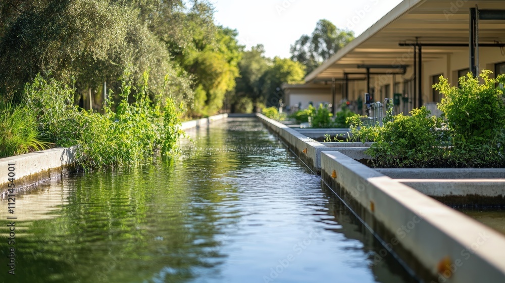 High-Tech Water Recycling Facility Surrounded by Lush Greenery and Natural Landscape High-Tech Water Recycling Facility Surrounded by Lush Greenery and Natural Landscape