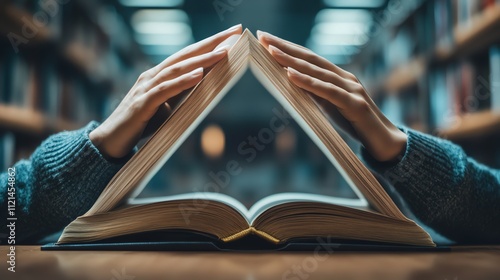 A person's hands hold an open book in a library, forming a triangular shape with the pages. photo