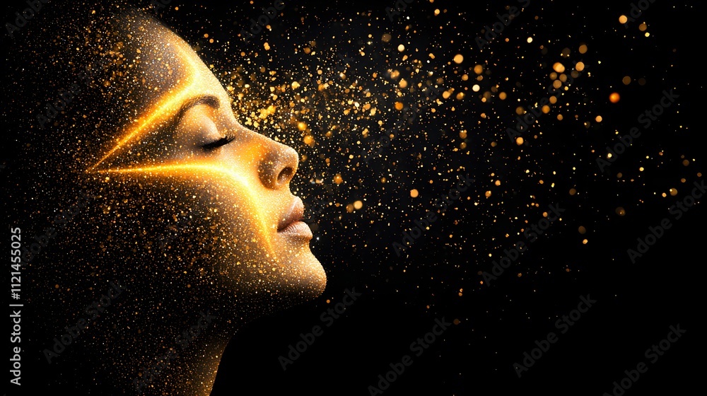 Ethereal portrait with golden sparkles and serene expression Ethereal portrait with golden sparkles and serene expression