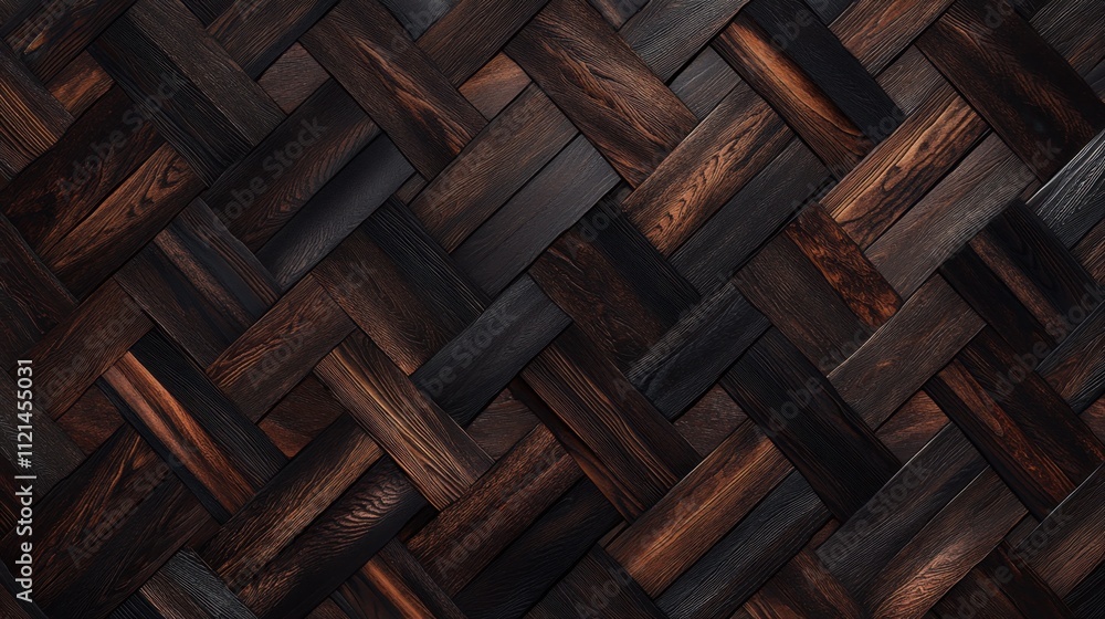 Dark wooden herringbone pattern with natural grains and deep tones for classic and elegant visuals Dark wooden herringbone pattern with natural grains and deep tones for classic and elegant visuals