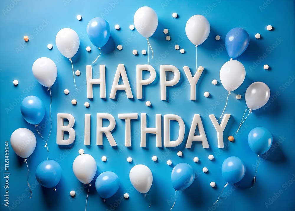 Happy Birthday written with beautiful white letters on a plain blue background with festive balloons in the corner Happy Birthday written with beautiful white letters on a plain blue background with festive balloons in the corner