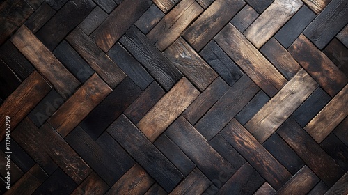 Dark wooden surface with a herringbone pattern, showcasing rich textures and intricate details